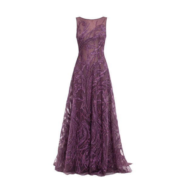 Saiid Kobeisy Embroidered Long Dress in Italian Plum, Style 59