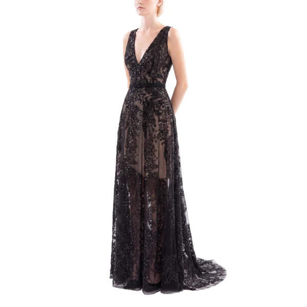 Saiid Kobeisy Embroidered Long Dress in Jet Black, Style 41, view 4