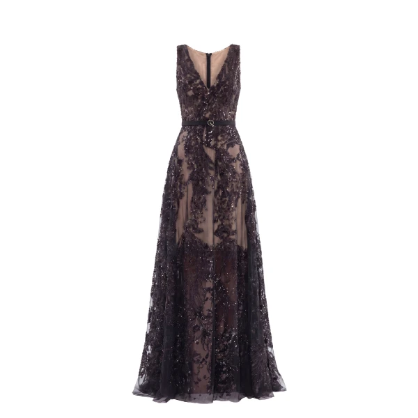 Saiid Kobeisy Embroidered Long Dress in Jet Black, Style 41