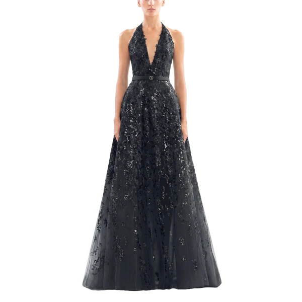 Saiid Kobeisy Embroidered Long Dress in Jet Black, Style 46 Spring Summer 2025, view 2