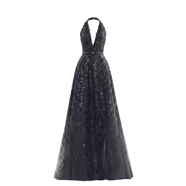 Saiid Kobeisy Embroidered Long Dress in Jet Black, Style 46 Spring Summer 2025
