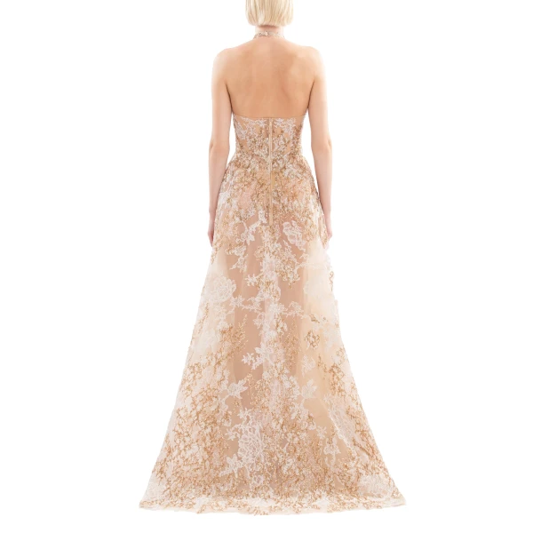Saiid Kobeisy Embroidered Long Dress in Light Gold and Skin, Style 39, view 3