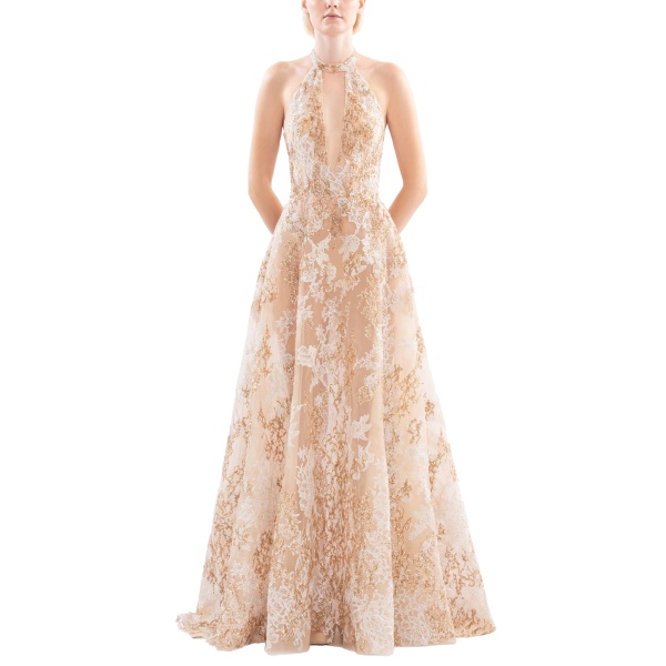Saiid Kobeisy Embroidered Long Dress in Light Gold and Skin, Style 39