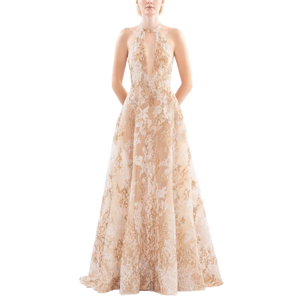 Saiid Kobeisy Embroidered Long Dress in Light Gold and Skin, Style 39