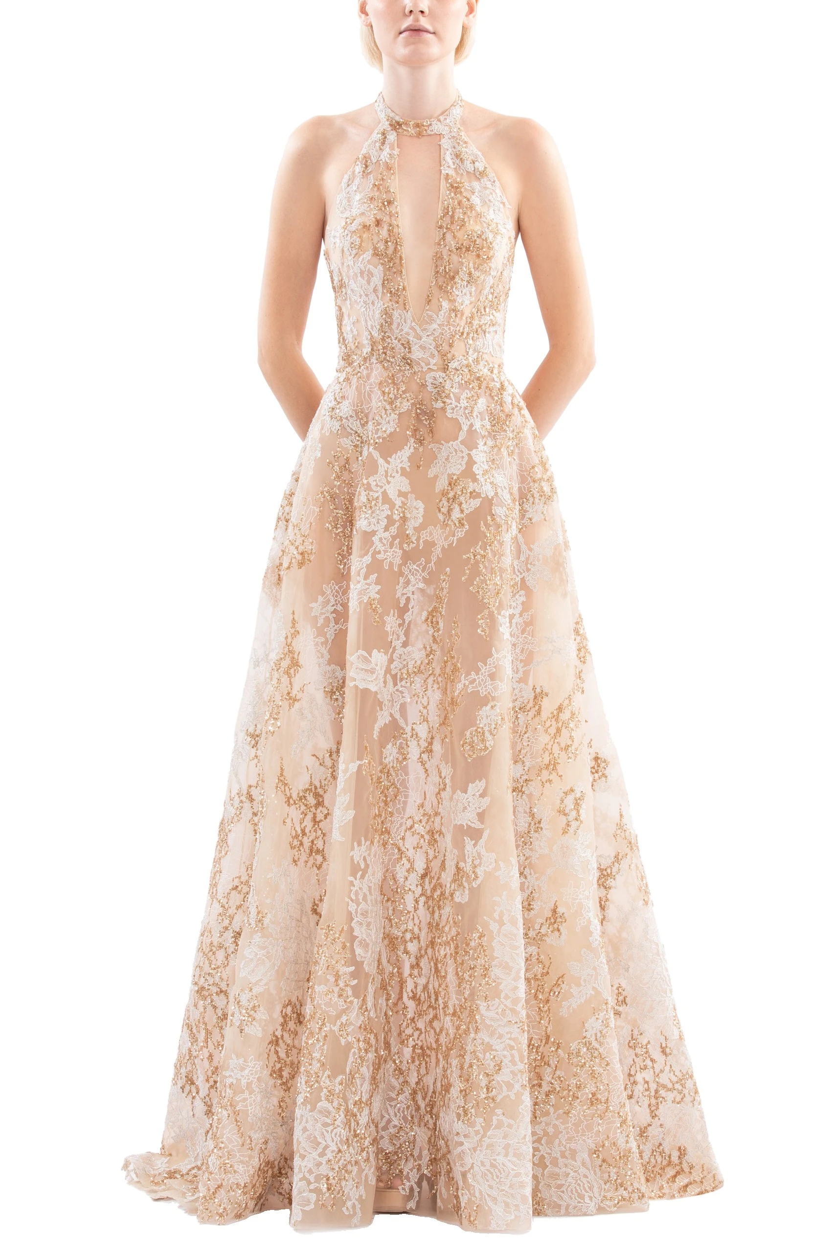 Saiid Kobeisy Embroidered Long Dress in Light Gold and Skin Saiid Kobeisy Embroidered Long Dress in Light Gold and Skin, Style 39