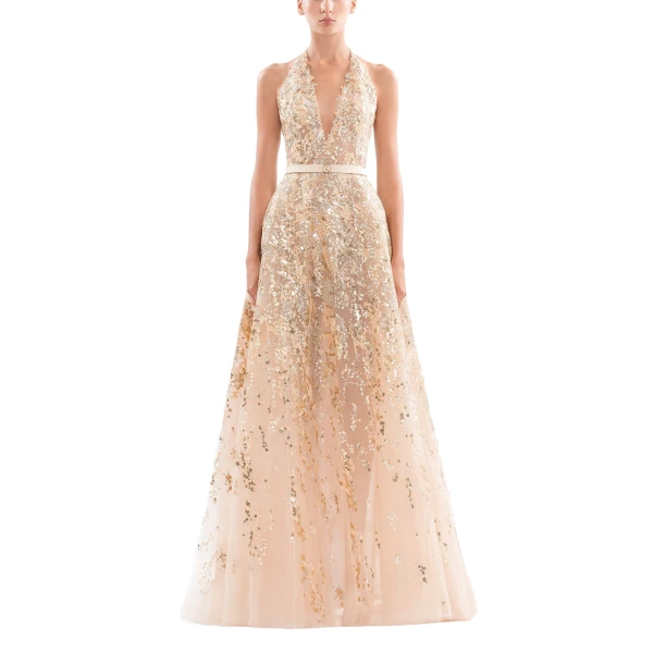 Saiid Kobeisy Embroidered Long Dress in Light Gold and Skin, Style 46, view 2