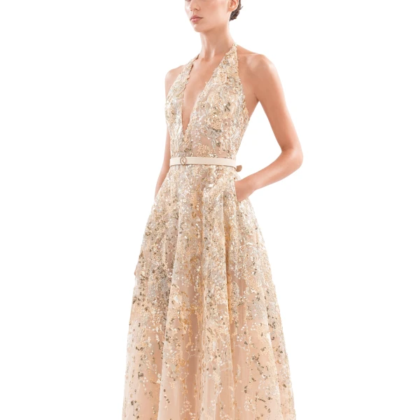 Saiid Kobeisy Embroidered Long Dress in Light Gold and Skin, Style 46, view 4