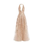 Saiid Kobeisy Embroidered Long Dress in Light Gold and Skin, Style 46