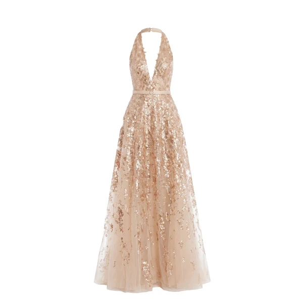 Saiid Kobeisy Embroidered Long Dress in Light Gold and Skin, Style 46