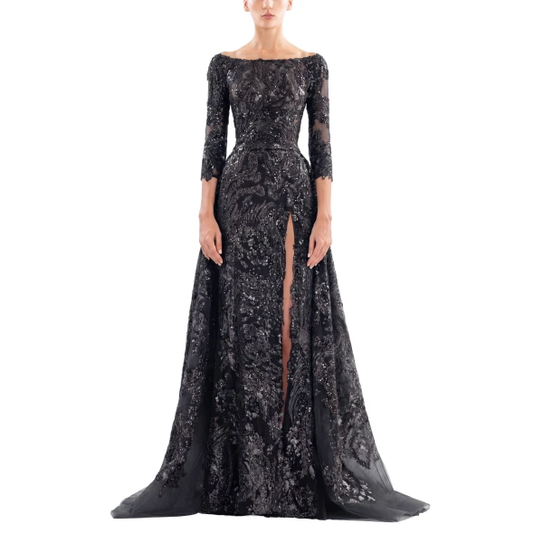 Saiid Kobeisy Embroidered Long Dress with Overskirt in Jet Black, view 2