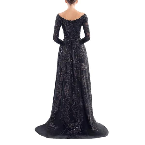 Saiid Kobeisy Embroidered Long Dress with Overskirt in Jet Black, view 3
