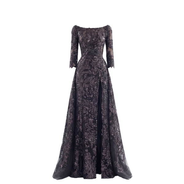 Saiid Kobeisy Embroidered Long Dress with Overskirt in Jet Black