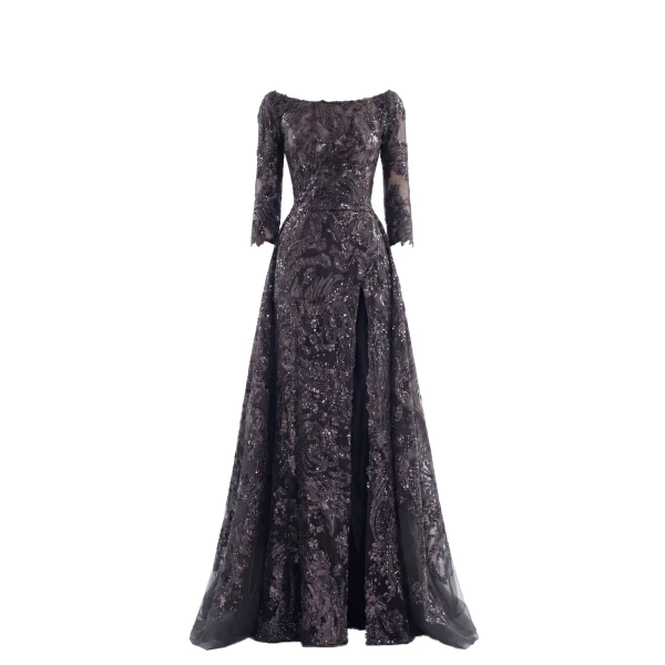 Saiid Kobeisy Embroidered Long Dress with Overskirt in Jet Black