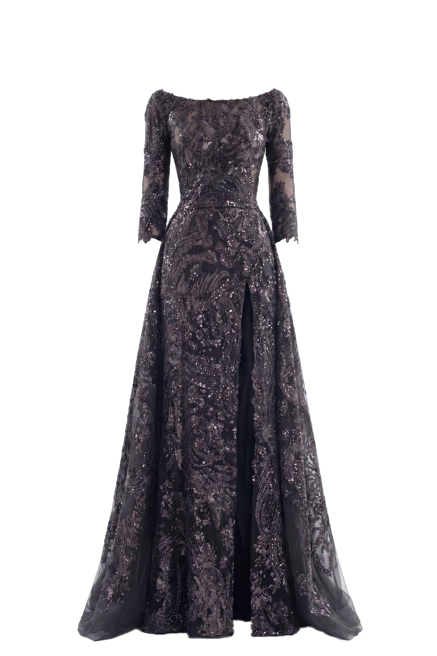 Saiid Kobeisy Embroidered Long Dress with Overskirt in Jet Black | Dresses | Coveti Saiid Kobeisy Embroidered Long Dress with Overskirt in Jet Black