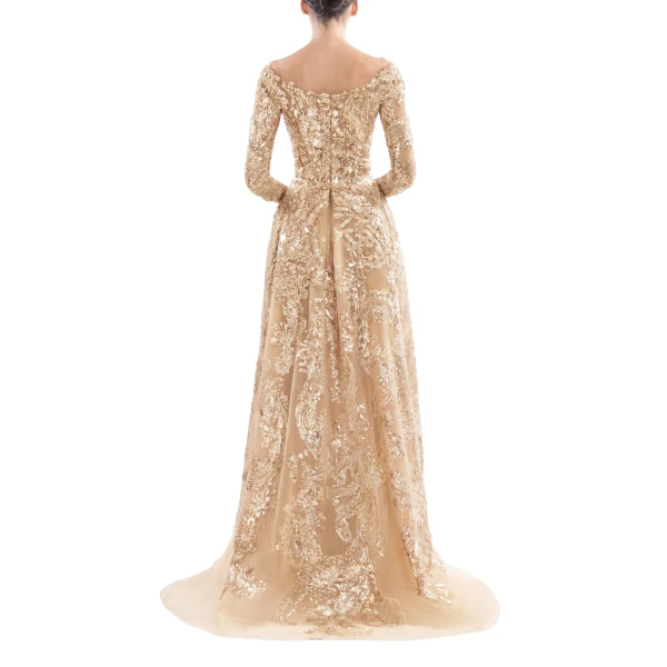 Saiid Kobeisy Embroidered Long Dress with Overskirt in Light Gold and Skin, view 3