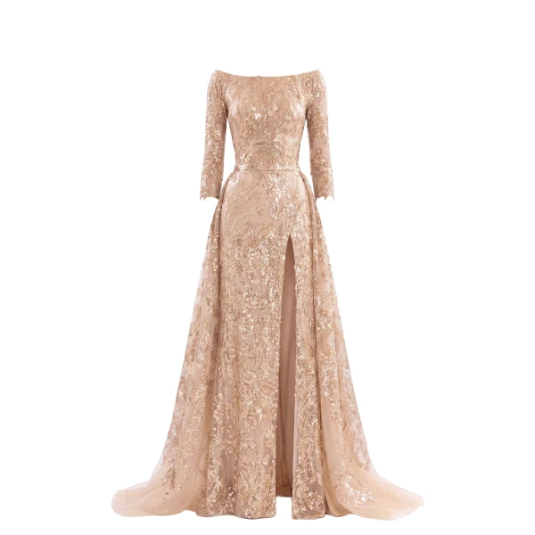 Saiid Kobeisy Embroidered Long Dress with Overskirt in Light Gold and Skin