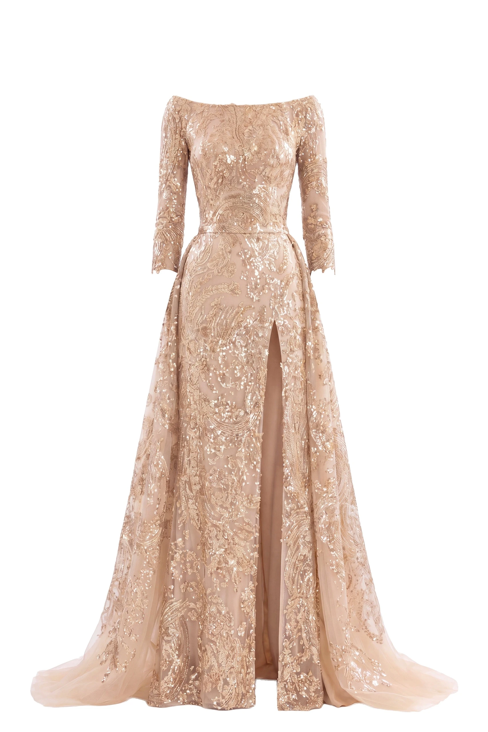 Saiid Kobeisy Embroidered Long Dress with Overskirt in Light Gold and Skin | Dresses | Coveti Saiid Kobeisy Embroidered Long Dress with Overskirt in Light Gold and Skin