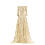 Saiid Kobeisy Embroidered Long Dress with Overskirt in Yellow Pear