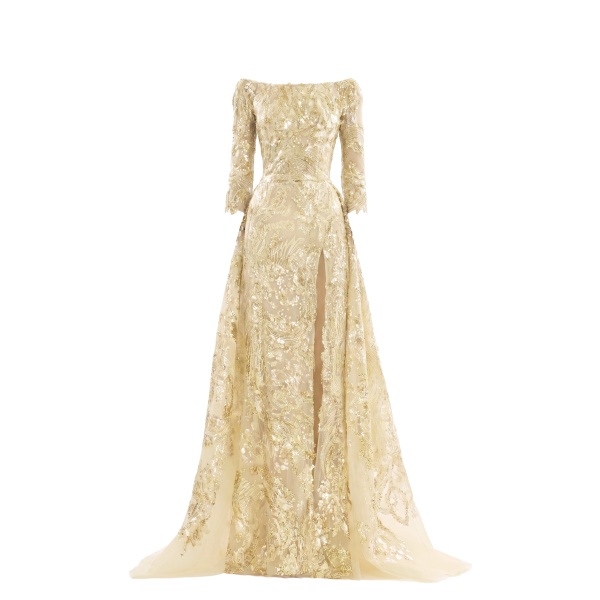 Saiid Kobeisy Embroidered Long Dress with Overskirt in Yellow Pear