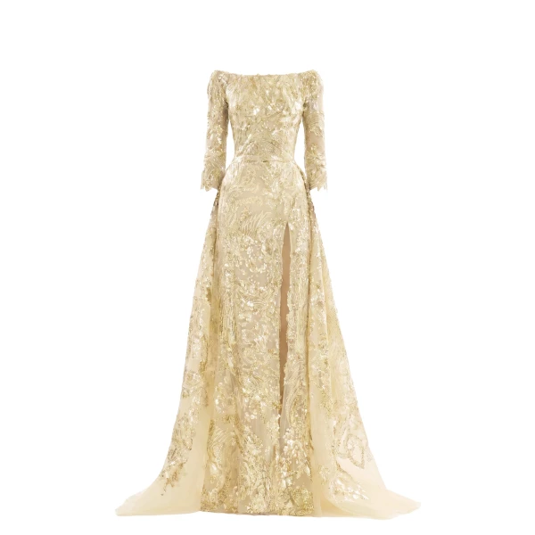 Saiid Kobeisy Embroidered Long Dress with Overskirt in Yellow Pear
