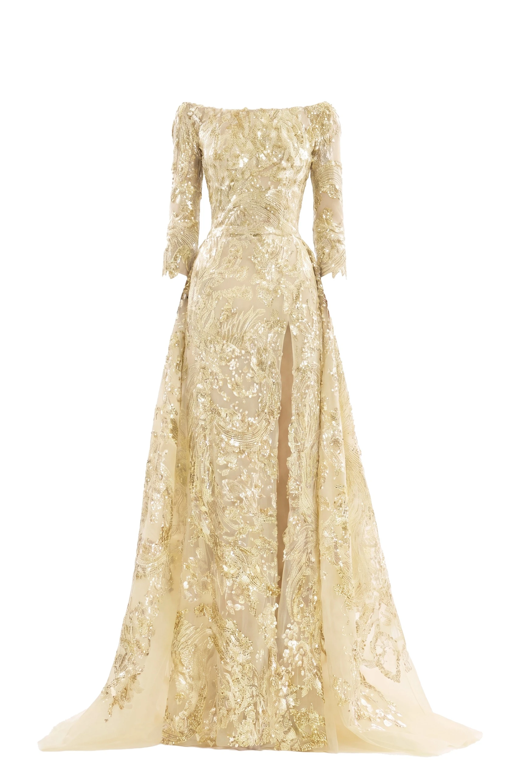 Saiid Kobeisy Embroidered Long Dress with Overskirt in Yellow Pear | Dresses | Coveti Saiid Kobeisy Embroidered Long Dress with Overskirt in Yellow Pear