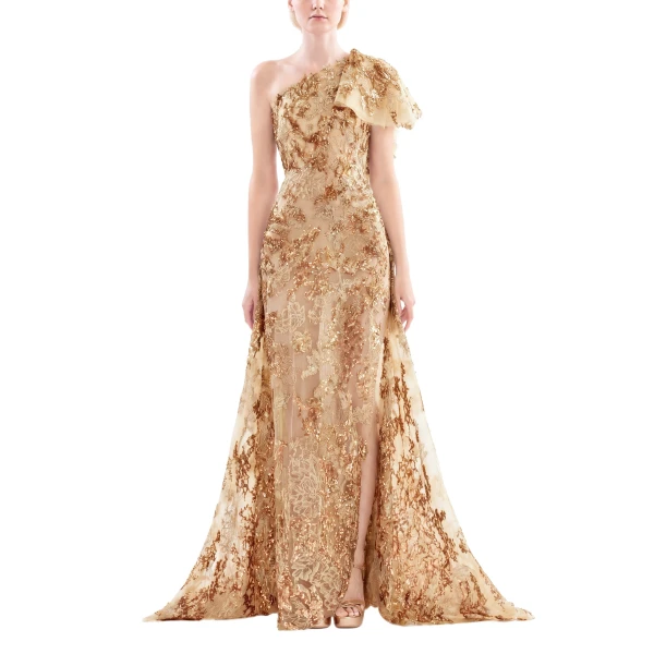 Saiid Kobeisy Embroidered One-Shoulder Dress in Orange and Skin, view 2