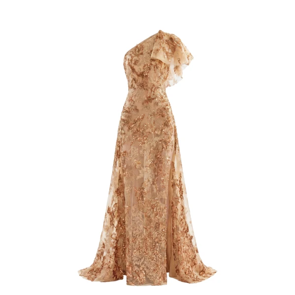Saiid Kobeisy Embroidered One-Shoulder Dress in Orange and Skin