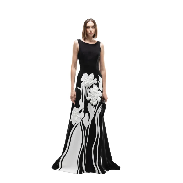 Saiid Kobeisy Embroidered Padded Crepe Dress in Jet Black and Off White, view 2