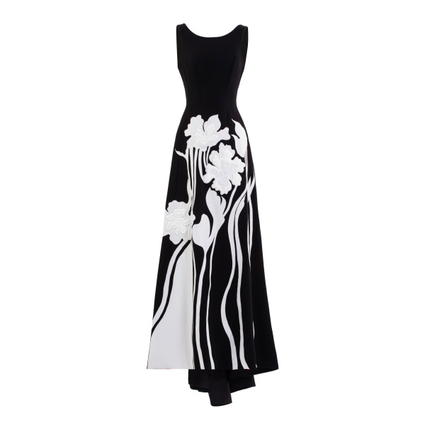 Saiid Kobeisy Embroidered Padded Crepe Dress in Jet Black and Off White