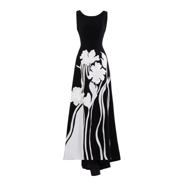 Saiid Kobeisy Embroidered Padded Crepe Dress in Jet Black and Off White