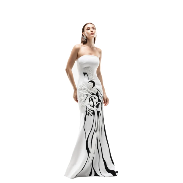 Saiid Kobeisy Embroidered Strapless Padded Crepe Dress in Off White, view 2