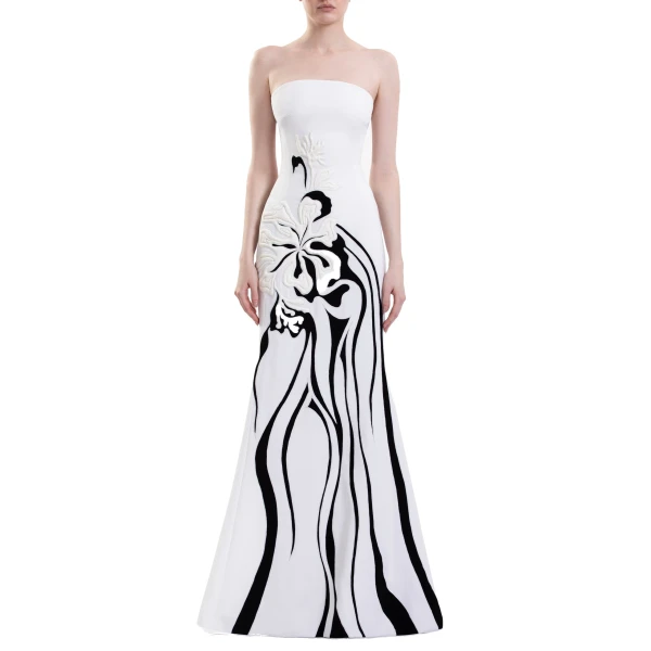 Saiid Kobeisy Embroidered Strapless Padded Crepe Dress in Off White, view 3