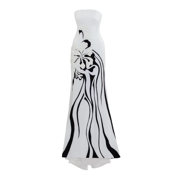 Embroidered Strapless Padded Crepe Dress in Off White