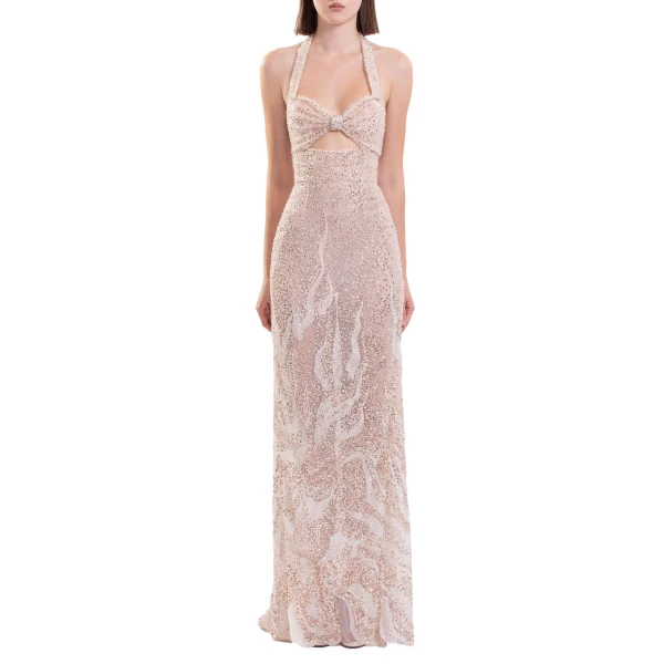 Saiid Kobeisy Embroidered Tulle Fitted Dress in Light Gold, view 3