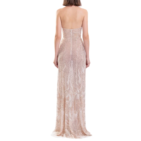 Saiid Kobeisy Embroidered Tulle Fitted Dress in Light Gold, view 5