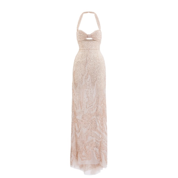 Saiid Kobeisy Embroidered Tulle Fitted Dress in Light Gold