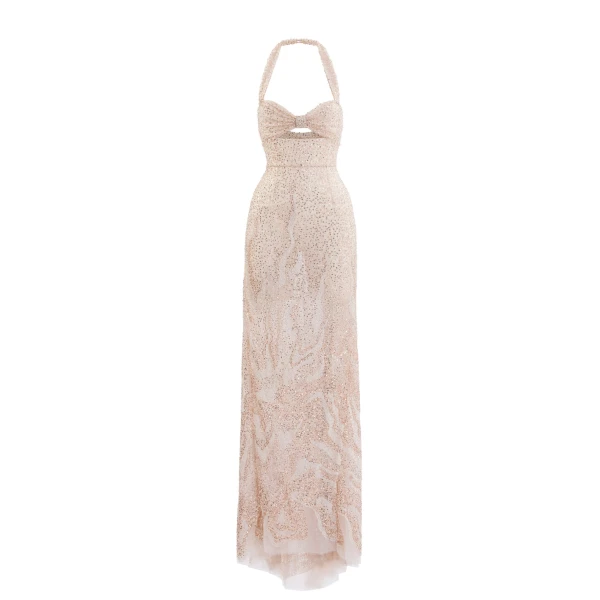 Saiid Kobeisy Embroidered Tulle Fitted Dress in Light Gold