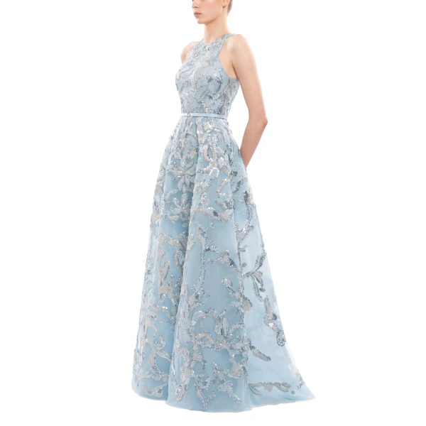 Saiid Kobeisy Embroidered Tulle Long Dress in Ice Blue, view 3