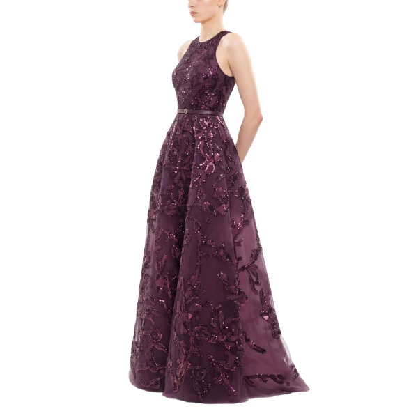 Saiid Kobeisy Embroidered Tulle Long Dress in Italian Plum, view 3