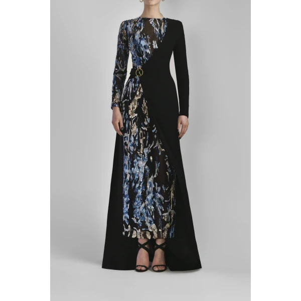 Saiid Kobeisy Fitted Beaded Tulle Dress in Indigo Beading