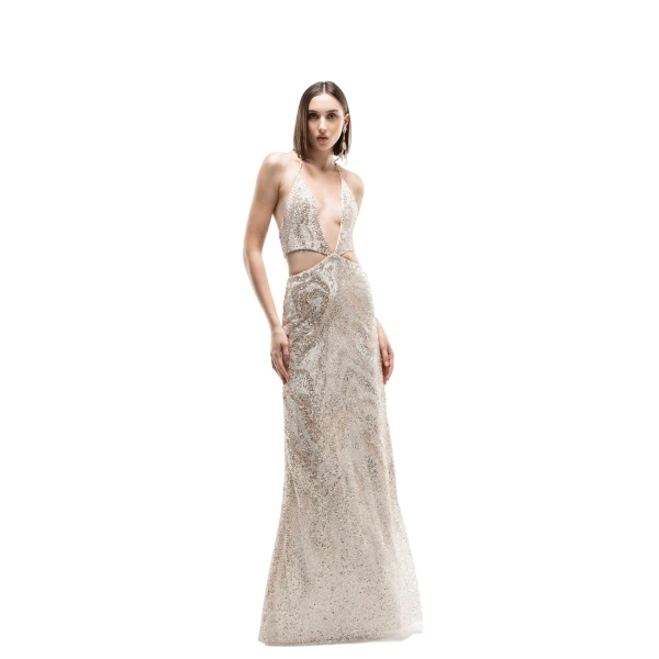 Saiid Kobeisy Fully Embroidered Cut-Out Dress in Light Gold, view 2