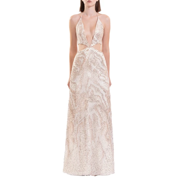 Saiid Kobeisy Fully Embroidered Cut-Out Dress in Light Gold, view 3