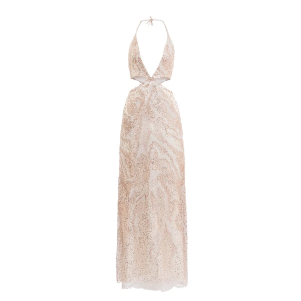 Saiid Kobeisy Fully Embroidered Cut-Out Dress in Light Gold