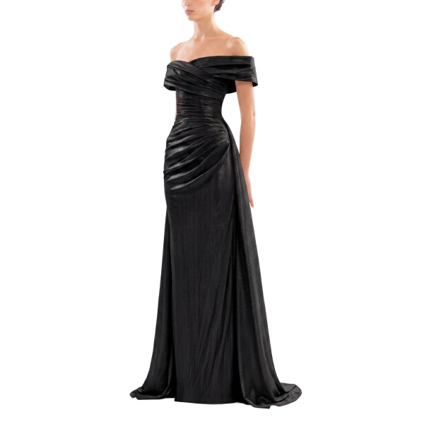 Saiid Kobeisy Gold Lame Off-Shoulder Dress in Jet Black, view 3