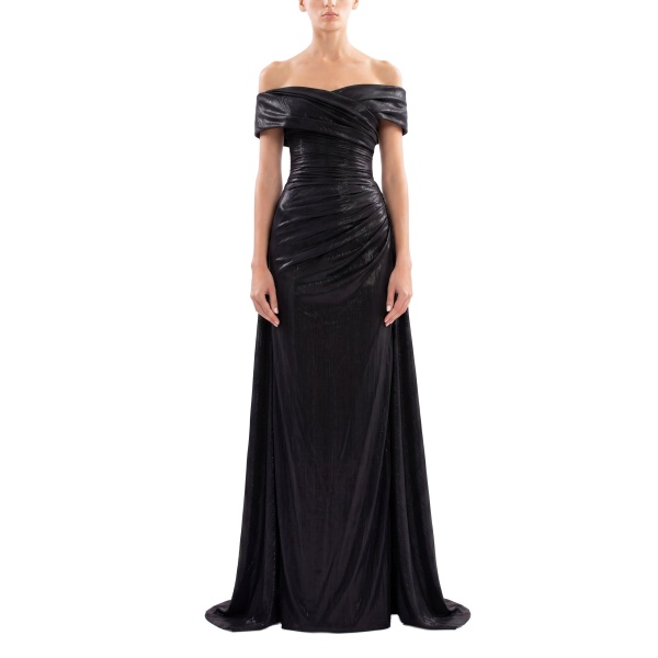 Saiid Kobeisy Gold Lame Off-Shoulder Dress in Jet Black