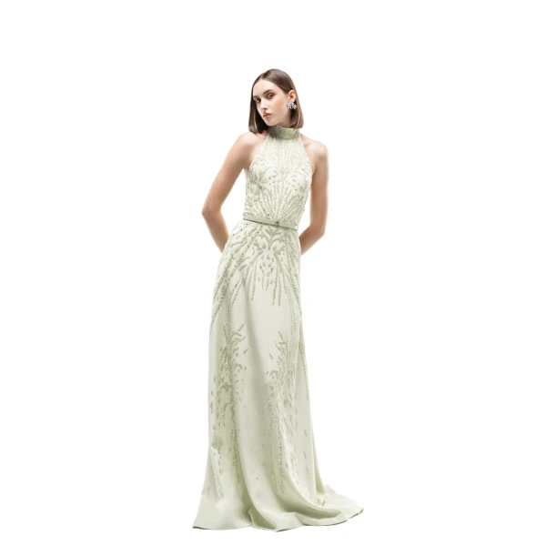Saiid Kobeisy Halter Neck Embroidered Crepe Dress in Reed, view 2