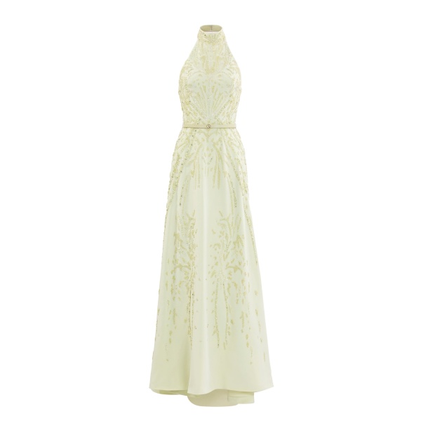 Saiid Kobeisy Halter Neck Embroidered Crepe Dress in Reed