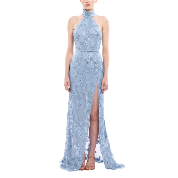 Saiid Kobeisy Halter Neck Embroidered Tulle Dress in Ice Blue, view 2