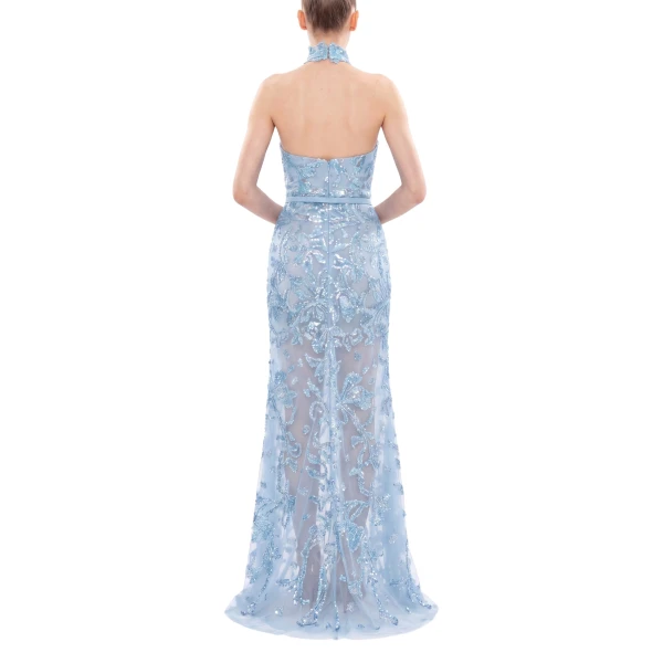 Saiid Kobeisy Halter Neck Embroidered Tulle Dress in Ice Blue, view 4