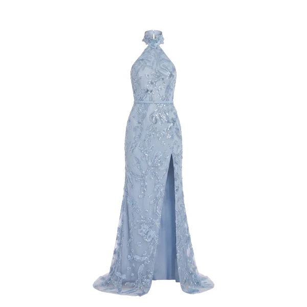 Saiid Kobeisy Halter Neck Embroidered Tulle Dress in Ice Blue